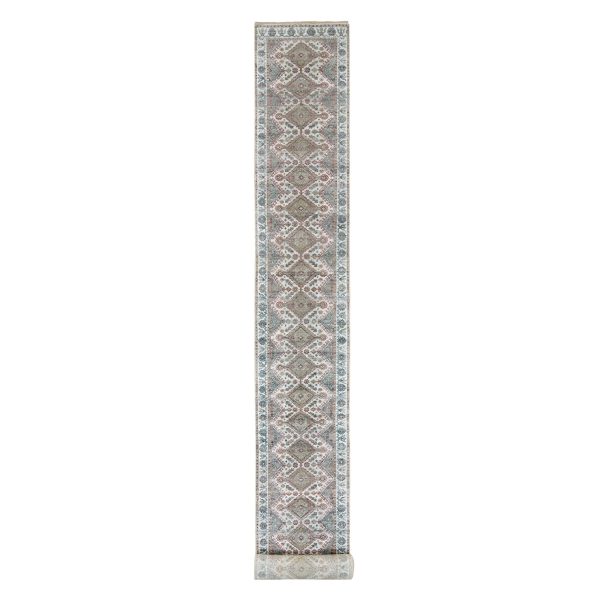 2'7"x21'9" Vista White, Hand Knotted, Vegetable Dyes, 100% Wool, Shiraz Reimagined, Unique Flower Rosettes Border Design, Plush and Lush, XL Runner Sustainable Oriental Rug HR65820