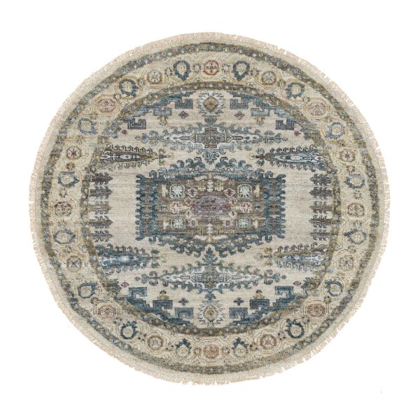 5'x5' Old Lace Ivory, Soft & Vibrant Pile, Hand Knotted, Tone on Tone, Vegetable Dyes, Reimagined Persian Viss Design, Soft Wool, Round, Oriental Rug HR65825