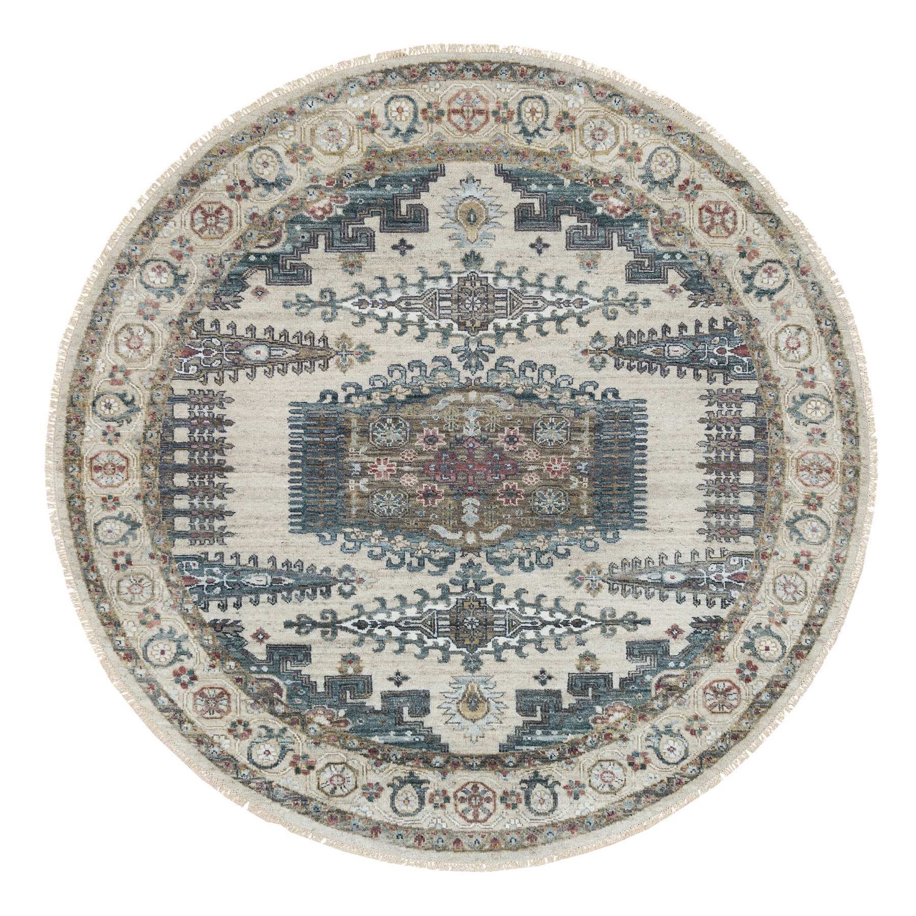 8'x8' Alabaster Ivory, Thick and Plush, Soft Wool, Reimagined Persian Viss Design, Hand Knotted, Round Oriental Rug HR65826