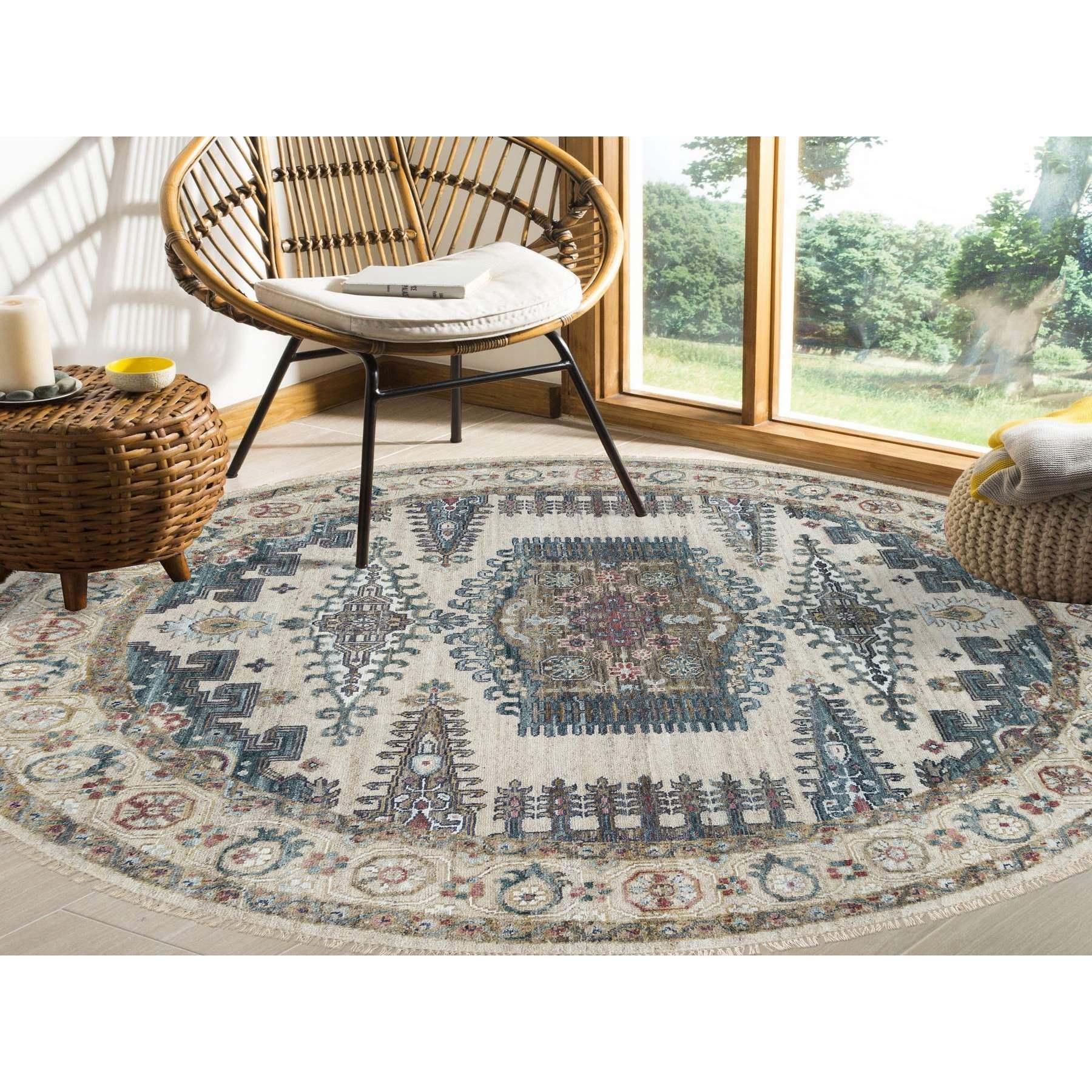 8'x8' Alabaster Ivory, Thick and Plush, Soft Wool, Reimagined Persian Viss Design, Hand Knotted, Round Oriental Rug HR65826 - Image 2