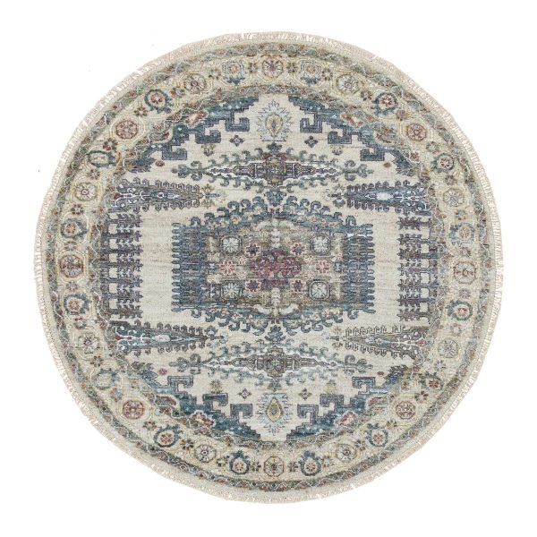 5'10"x5'10" Eggshell Ivory, Plush and Lush, Tone on Tone, Natural Dyes, Extra Soft Wool, Hand Knotted Reimagined Persian Viss Design, Round, Oriental Rug HR65837