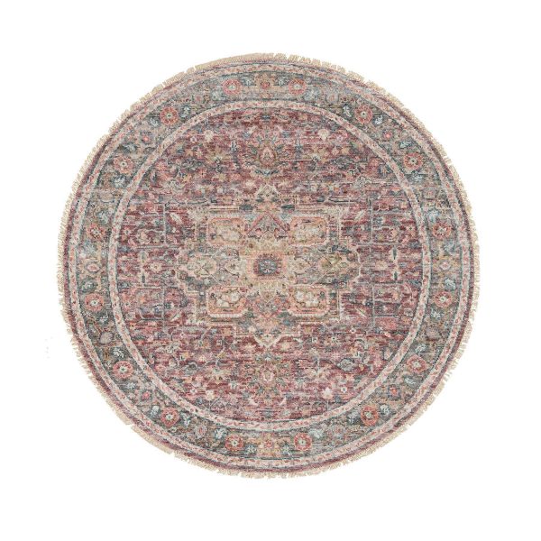 6'x6' Sangria Red, Natural Dyes, Hand Knotted, Pure Wool, Heriz Revival, Plush and Lush Pile, Round Oriental Rug HR65860