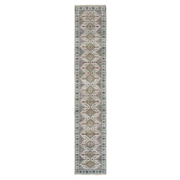 2'6"x14'1" Swan White, Hand Knotted, All Wool, Shiraz Reimagined Unique Flower Rosettes Border Design, Soft and vibrant Pile, XL Runner, Vegetable Dye, Sustainable, Oriental Rug HR65865