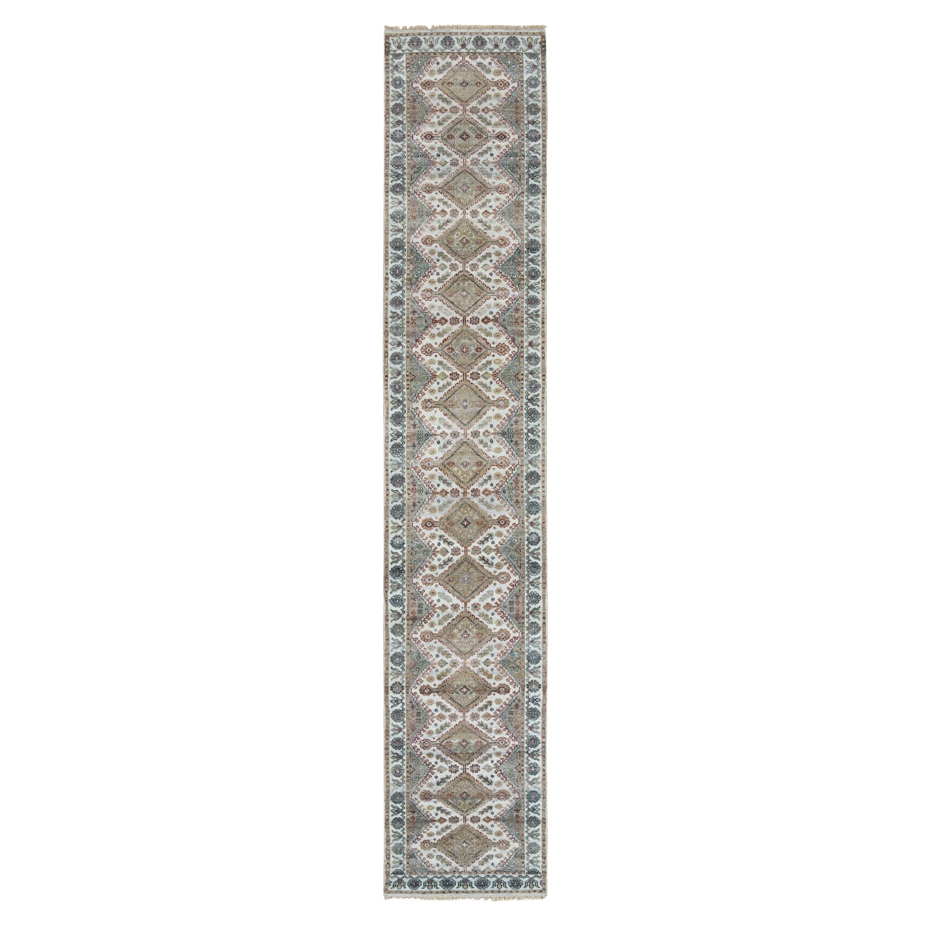 2'6"x14'1" Swan White, Hand Knotted, All Wool, Shiraz Reimagined Unique Flower Rosettes Border Design, Soft and vibrant Pile, XL Runner, Vegetable Dye, Sustainable, Oriental Rug HR65865