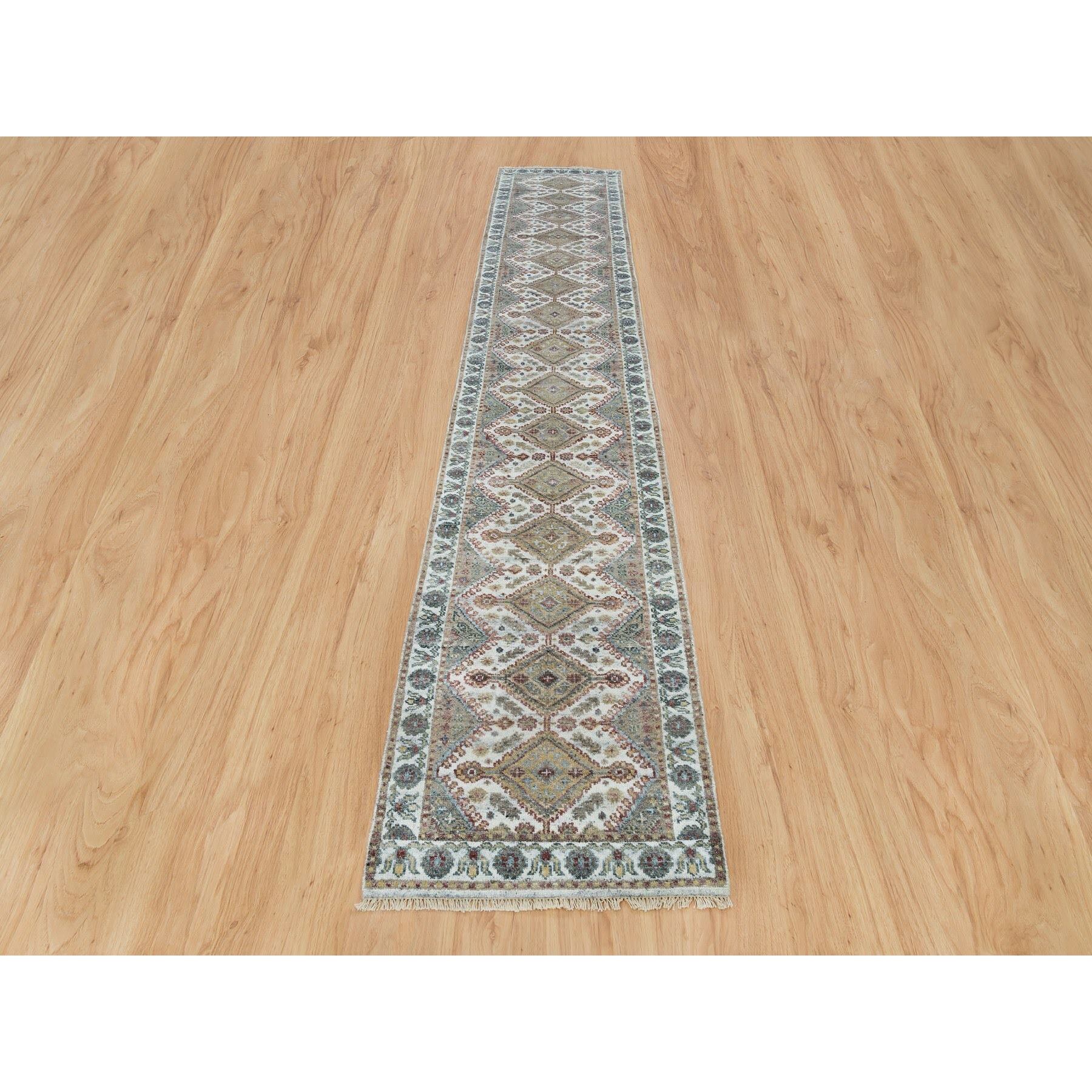 2'6"x14'1" Swan White, Hand Knotted, All Wool, Shiraz Reimagined Unique Flower Rosettes Border Design, Soft and vibrant Pile, XL Runner, Vegetable Dye, Sustainable, Oriental Rug HR65865 - Image 2