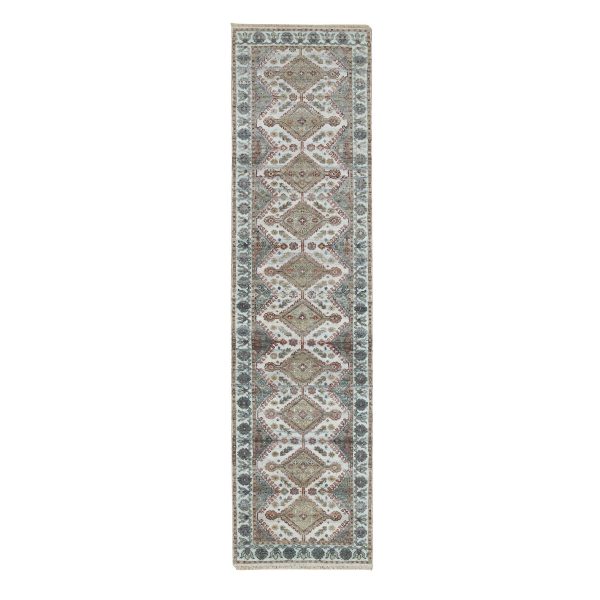 2'6"x9'9" Anti-Flash White, Shiraz Reimagined, Unique Flower Rosettes Border Design, Hand Knotted, Natural Dyes, Organic Wool, Soft Pile, Runner Sustainable Oriental Rug HR65867
