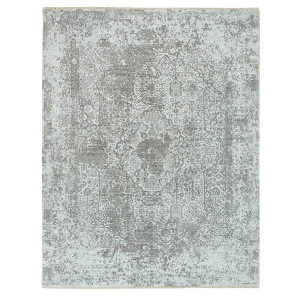8'x10'2" Chrome and Battleship Gray, Broken and Erased Persian Design, Hand Knotted, Wool and Silk, Oriental Rug HR65872