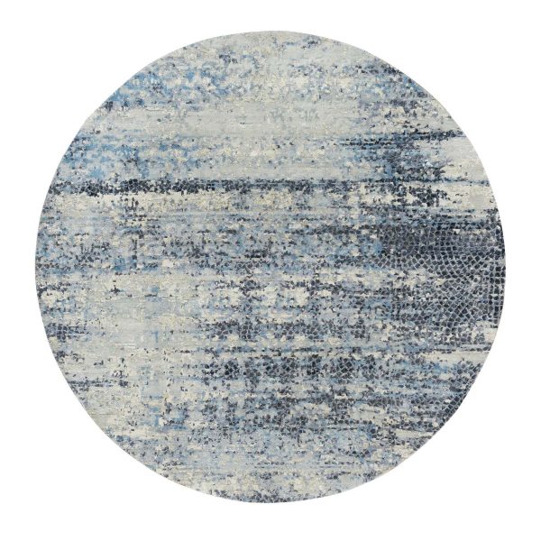 7'x7' Blue Gray, Hand Knotted, Wool and Silk, Modern Abstract with Mosaic Design, Natural Dyes, Round Oriental Rug HR65879