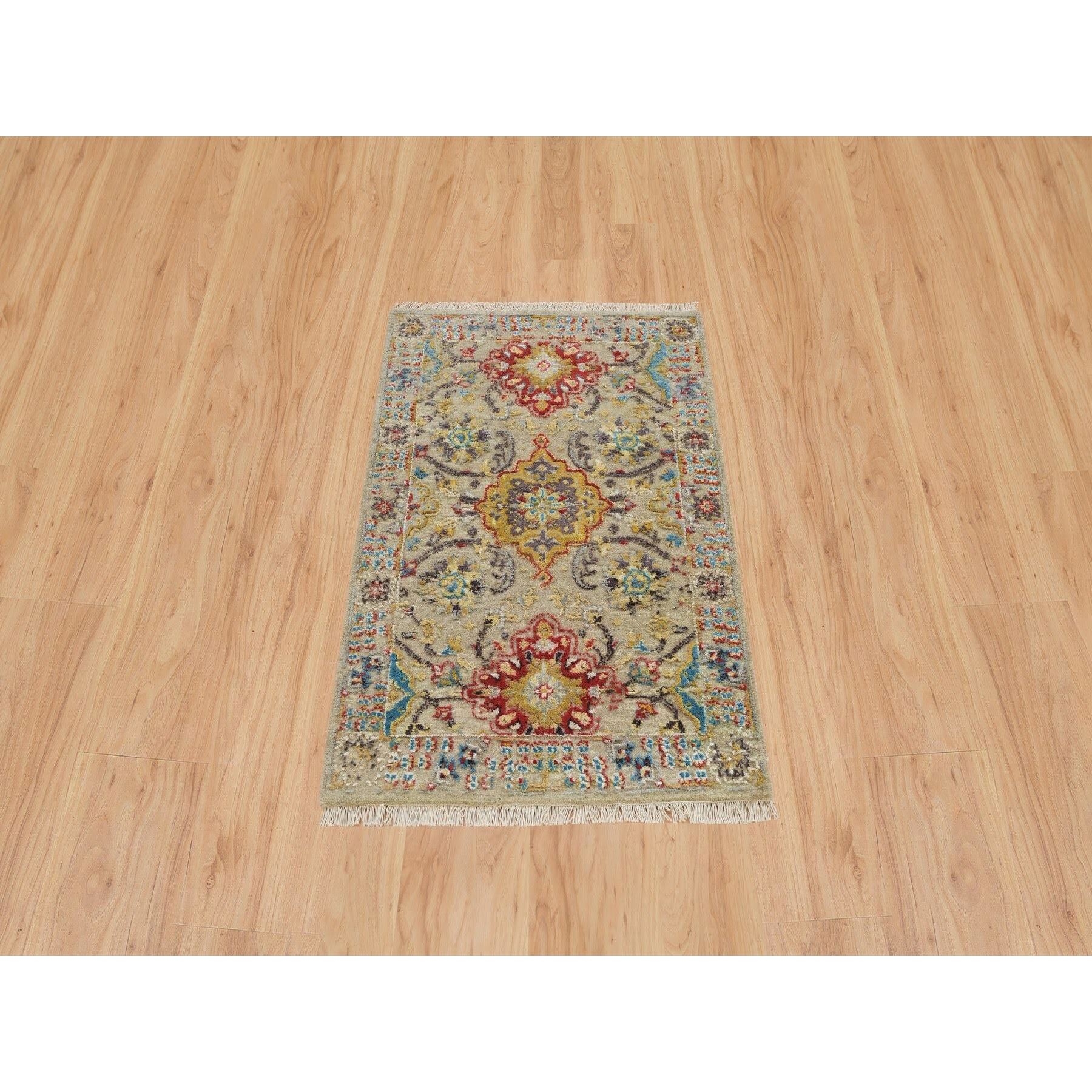 2'x3' Khaki, Hand Knotted, The Sunset Rosettes with Soft Colors, Wool and Pure Silk, Mat Oriental Rug HR65885 - Image 2