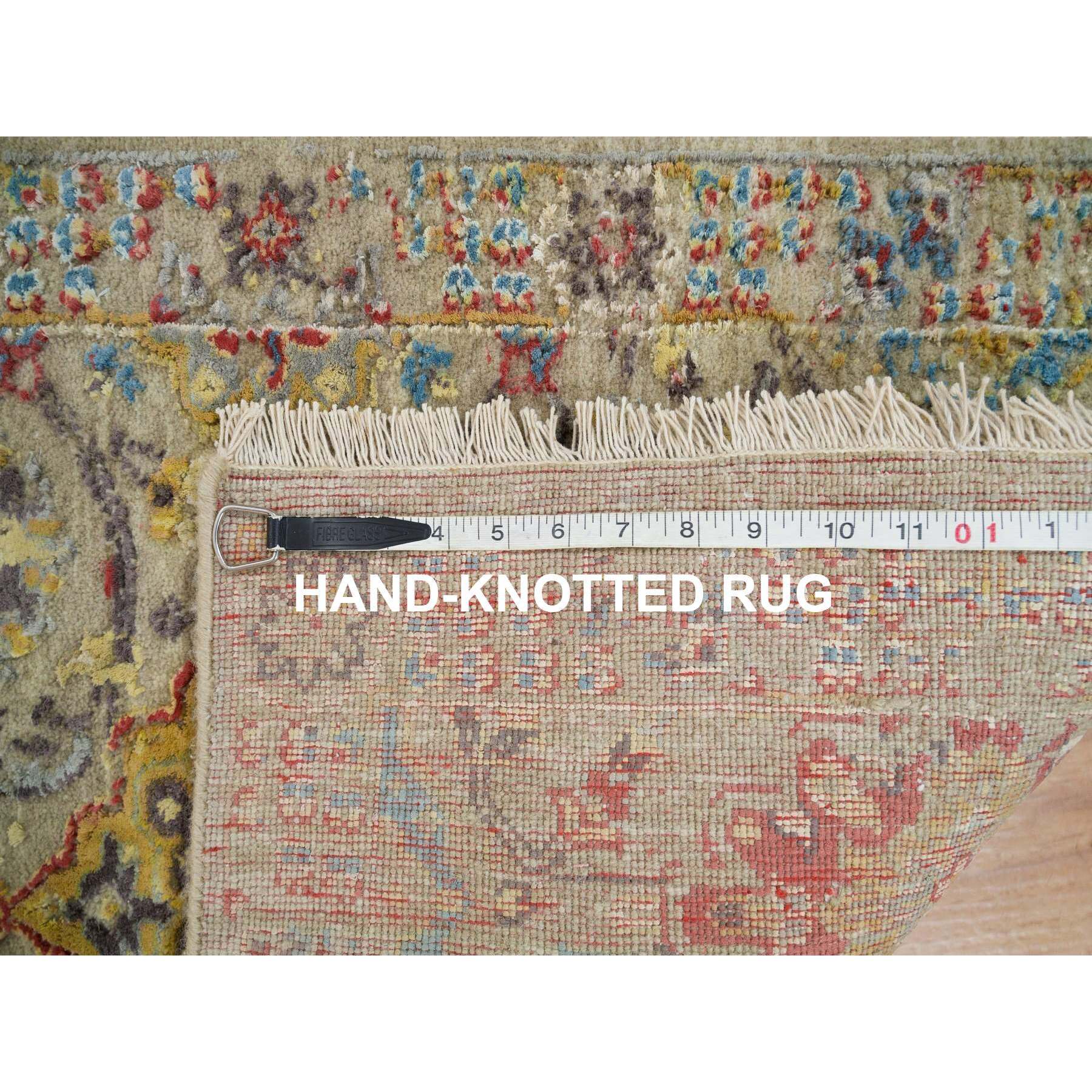 2'x3' Khaki, Hand Knotted, The Sunset Rosettes with Soft Colors, Wool and Pure Silk, Mat Oriental Rug HR65885 - Image 8
