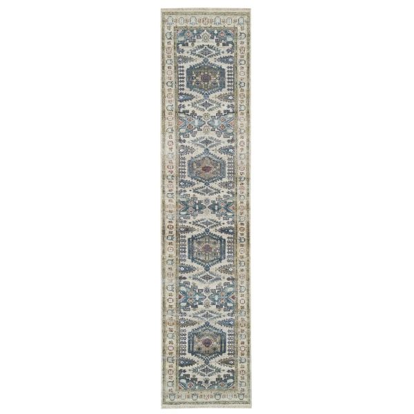 2'6"x11'8" Winter White, Pure Wool, Thick and Plush Soft Pile,  Hand Knotted, Reimagined Persian Viss Design, Runner Oriental Rug HR65893