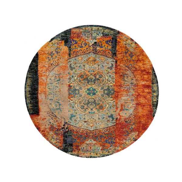 6'1"x6'1" Metallic Orange, Ancient Ottoman Erased Design, Ghazni Wool, Hand Knotted, Round Oriental Rug HR65913