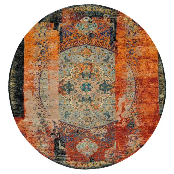 10'x10' Metallic Orange, Ancient Ottoman Erased Design, Ghazni Wool, Hand Knotted, Round Oriental Rug HR65924
