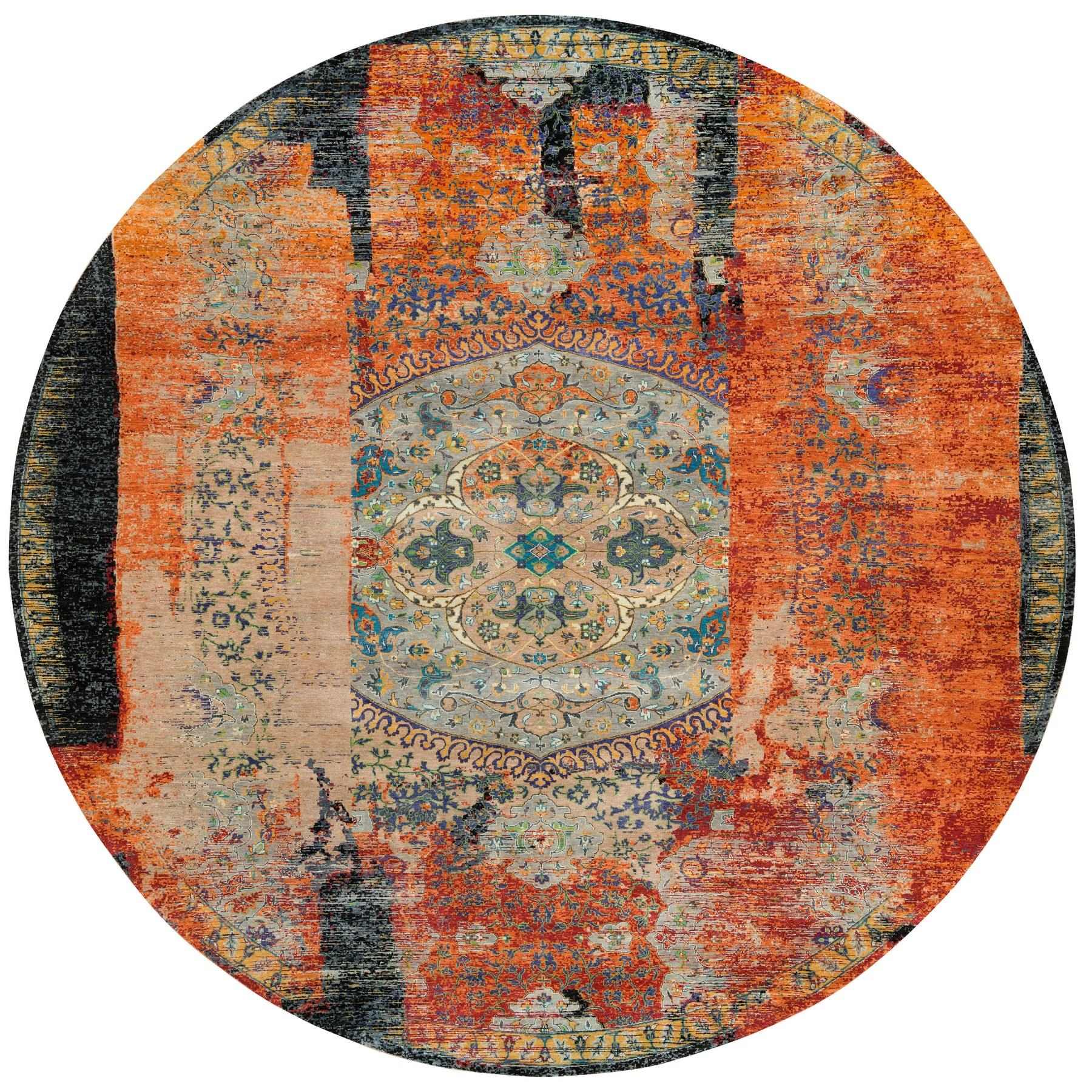 14'x14' Metallic Orange, Hand Knotted, Ancient Ottoman Erased Design, Ghazni Wool, Round Oriental Rug HR65925