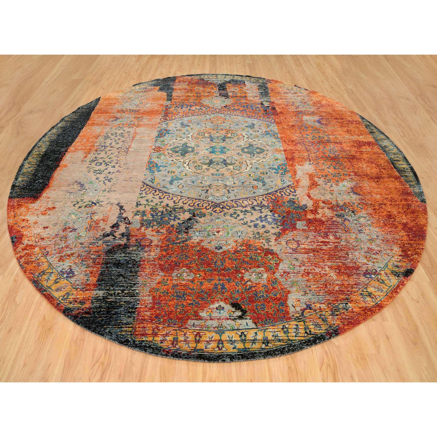 14'x14' Metallic Orange, Hand Knotted, Ancient Ottoman Erased Design, Ghazni Wool, Round Oriental Rug HR65925 - Image 2