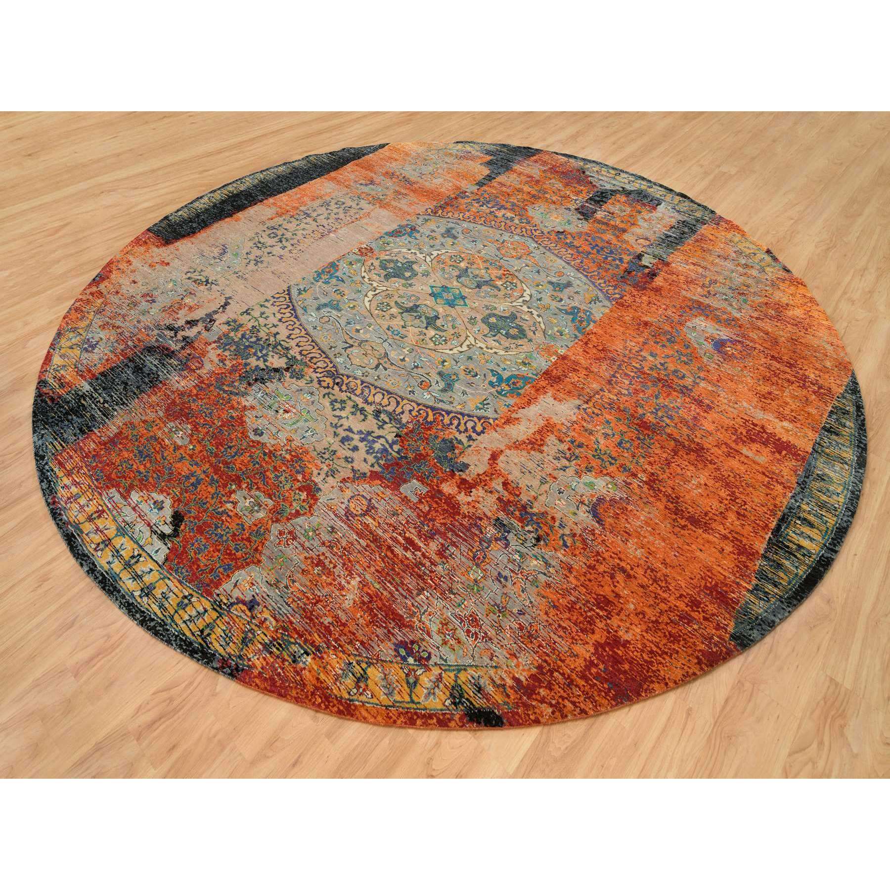 14'x14' Metallic Orange, Hand Knotted, Ancient Ottoman Erased Design, Ghazni Wool, Round Oriental Rug HR65925 - Image 3