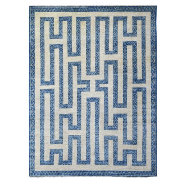 9'2"x11'9" Denim Blue Maze Design with Berber Influence, Hand Knotted, Densely Woven, Soft and Shiny Wool Oriental Rug HR71348