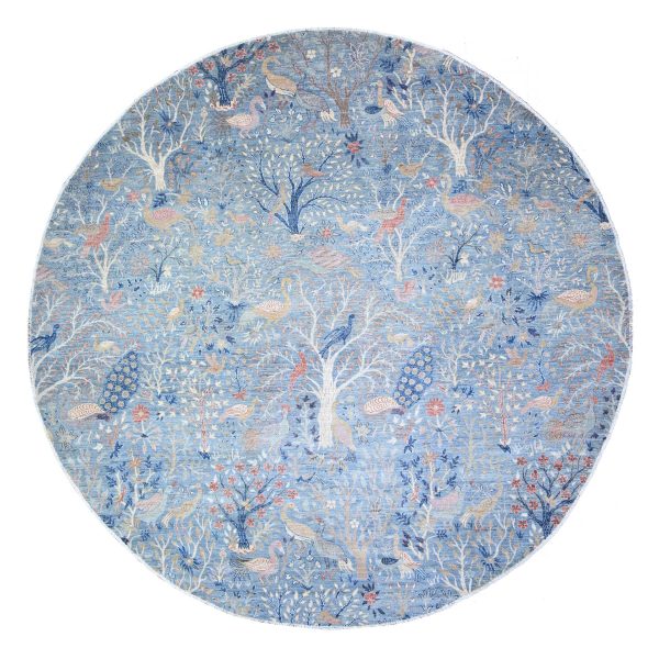 12'x12' Glaucous Blue, Hand Knotted, Afghan Peshawar with Birds of Paradise, Vegetable Dyes Soft Wool, Round Oriental Rug HR74497