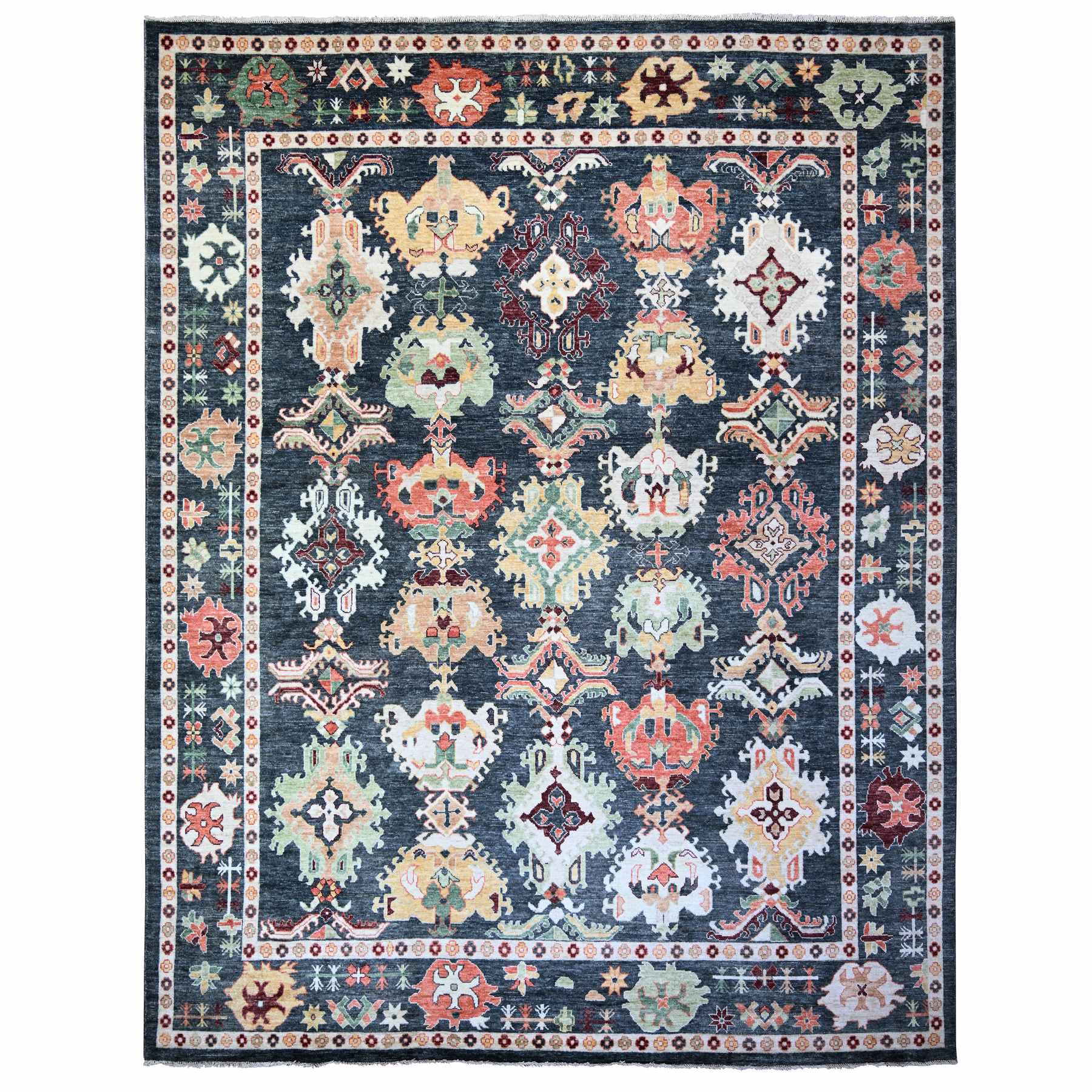 11'9"x14'7" Blackberry Black, 100% Wool Hand Knotted, Natural Dyes Afghan Angora Oushak with Pop of Colors, Oversized Oriental Rug HR74504