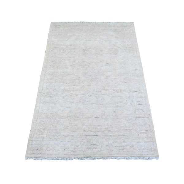 3'x5' Delicate White, 100% Wool, Hand Knotted, Washed Out Peshawar with Faded Design, Natural Dyes, Oriental Rug HR74514