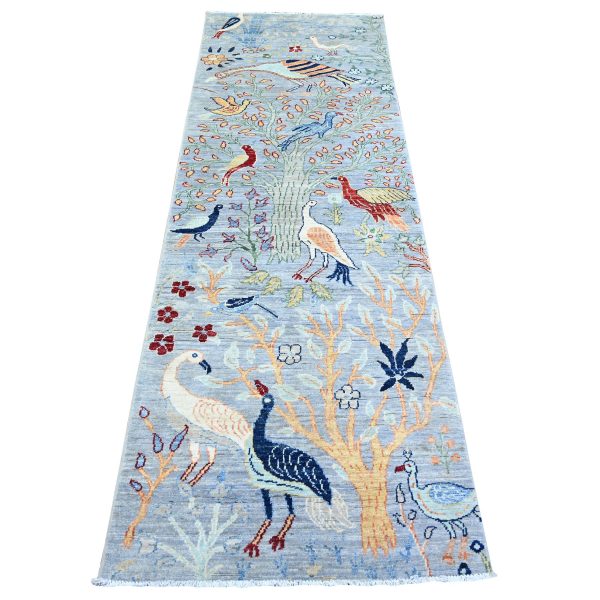 2'7"x7'10" Coin Gray, Afghan Peshawar with Birds of Paradise Tree of Life Design, Abrash, Natural Wool, Hand Knotted, Runner Oriental Rug  HR74531