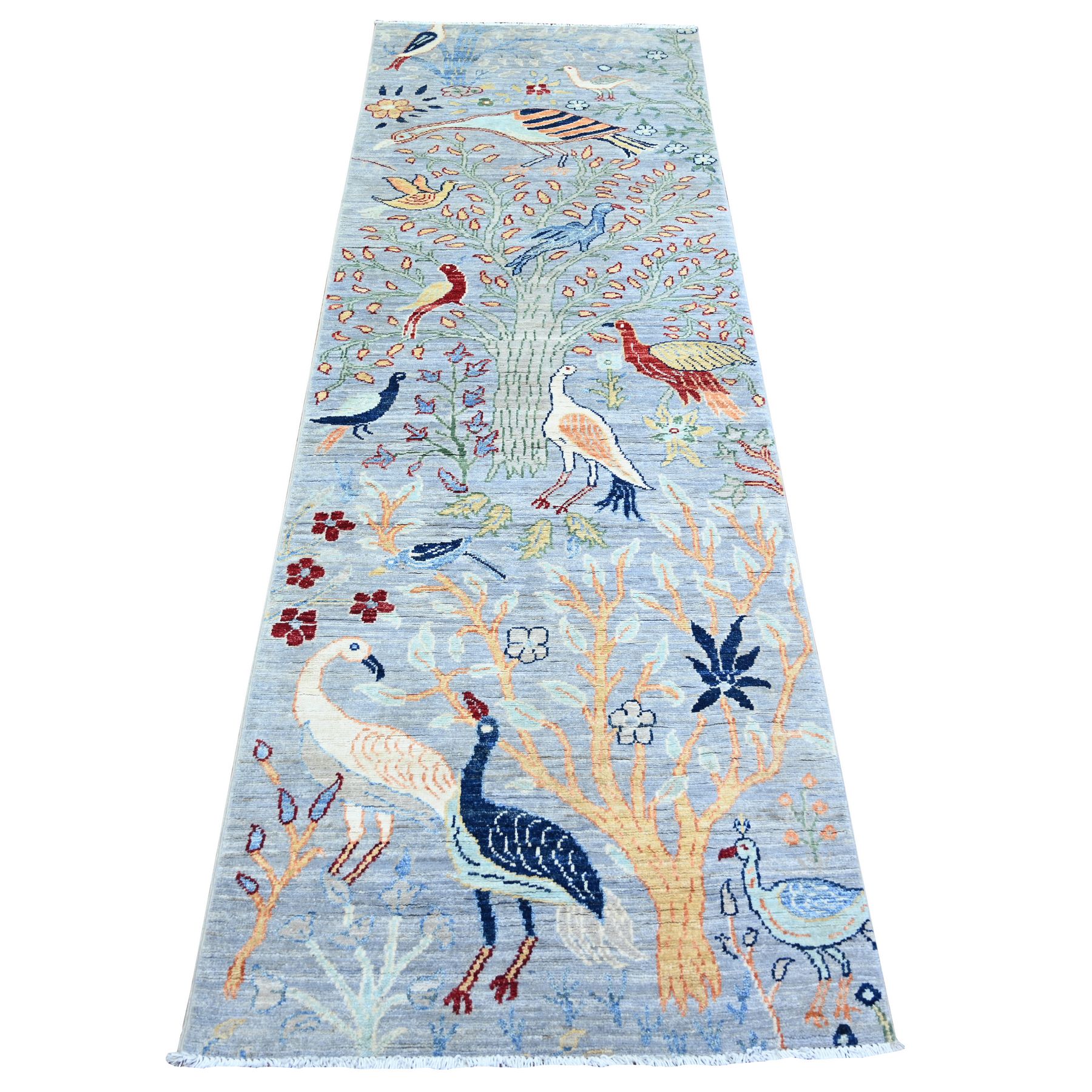 2'7"x7'10" Coin Gray, Afghan Peshawar with Birds of Paradise Tree of Life Design, Abrash, Natural Wool, Hand Knotted, Runner Oriental Rug HR74531