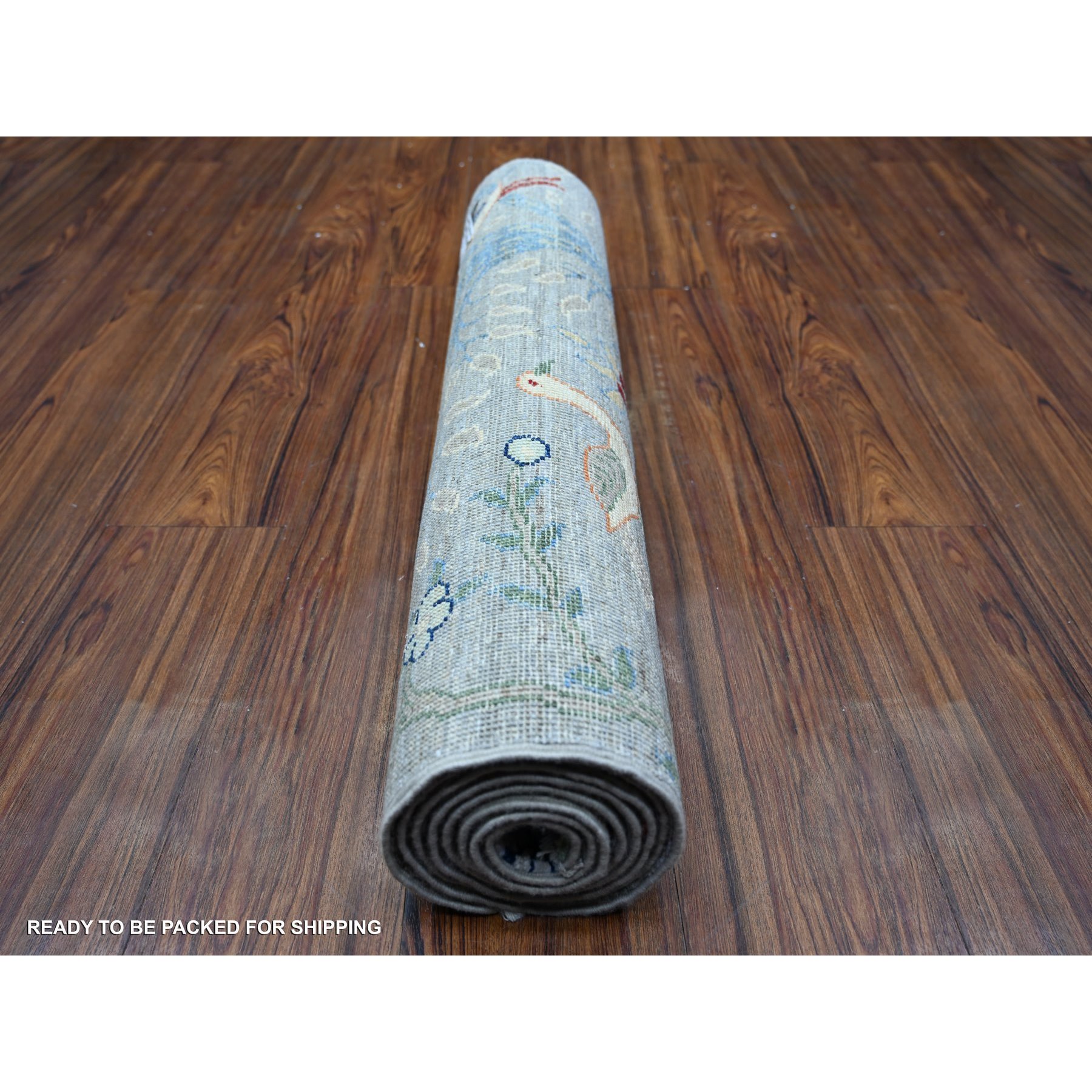 2'7"x7'10" Coin Gray, Afghan Peshawar with Birds of Paradise Tree of Life Design, Abrash, Natural Wool, Hand Knotted, Runner Oriental Rug HR74531 - Image 4