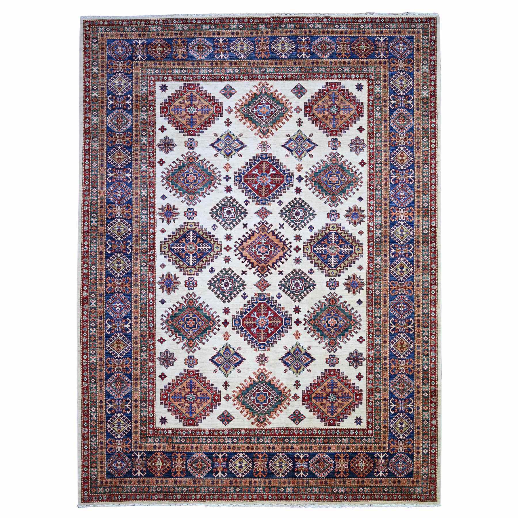 8'4"x11'5" Porcelain White, Organic Wool, Hand Knotted, Dense Weave, Vegetable Dyes, Afghan Super Kazak with All Over Medallions, Oriental Rug HR74547