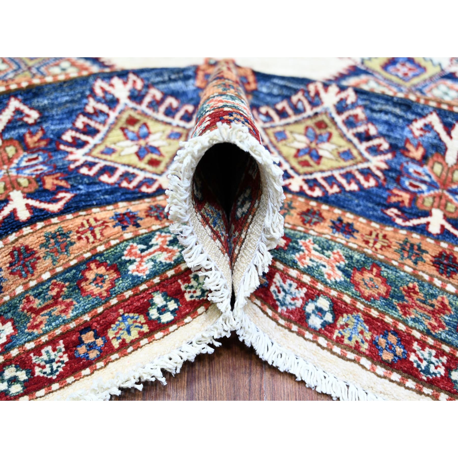 8'4"x11'5" Porcelain White, Organic Wool, Hand Knotted, Dense Weave, Vegetable Dyes, Afghan Super Kazak with All Over Medallions, Oriental Rug HR74547 - Image 6