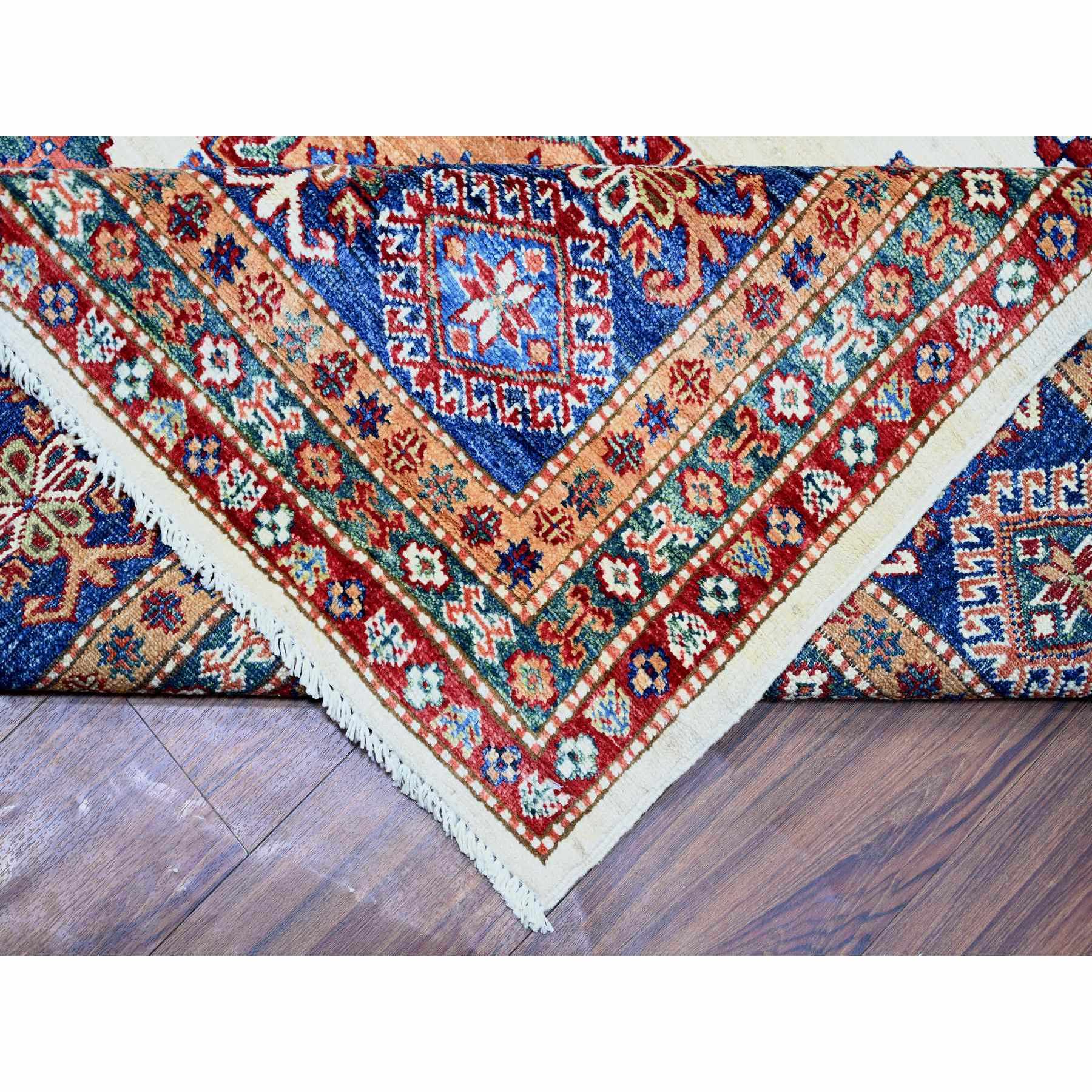 8'4"x11'5" Porcelain White, Organic Wool, Hand Knotted, Dense Weave, Vegetable Dyes, Afghan Super Kazak with All Over Medallions, Oriental Rug HR74547 - Image 7