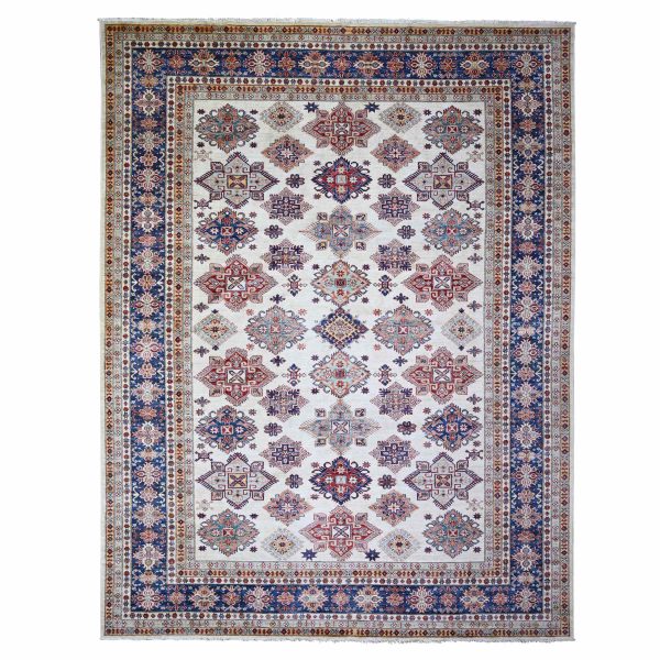 9'2"x11'10" Smoky White with Dark Blue Border, Dense Weave, Vegetable Dyes, Organic Wool, Hand Knotted, Afghan Super Kazak with Geometric Medallions, Oriental Rug HR74551