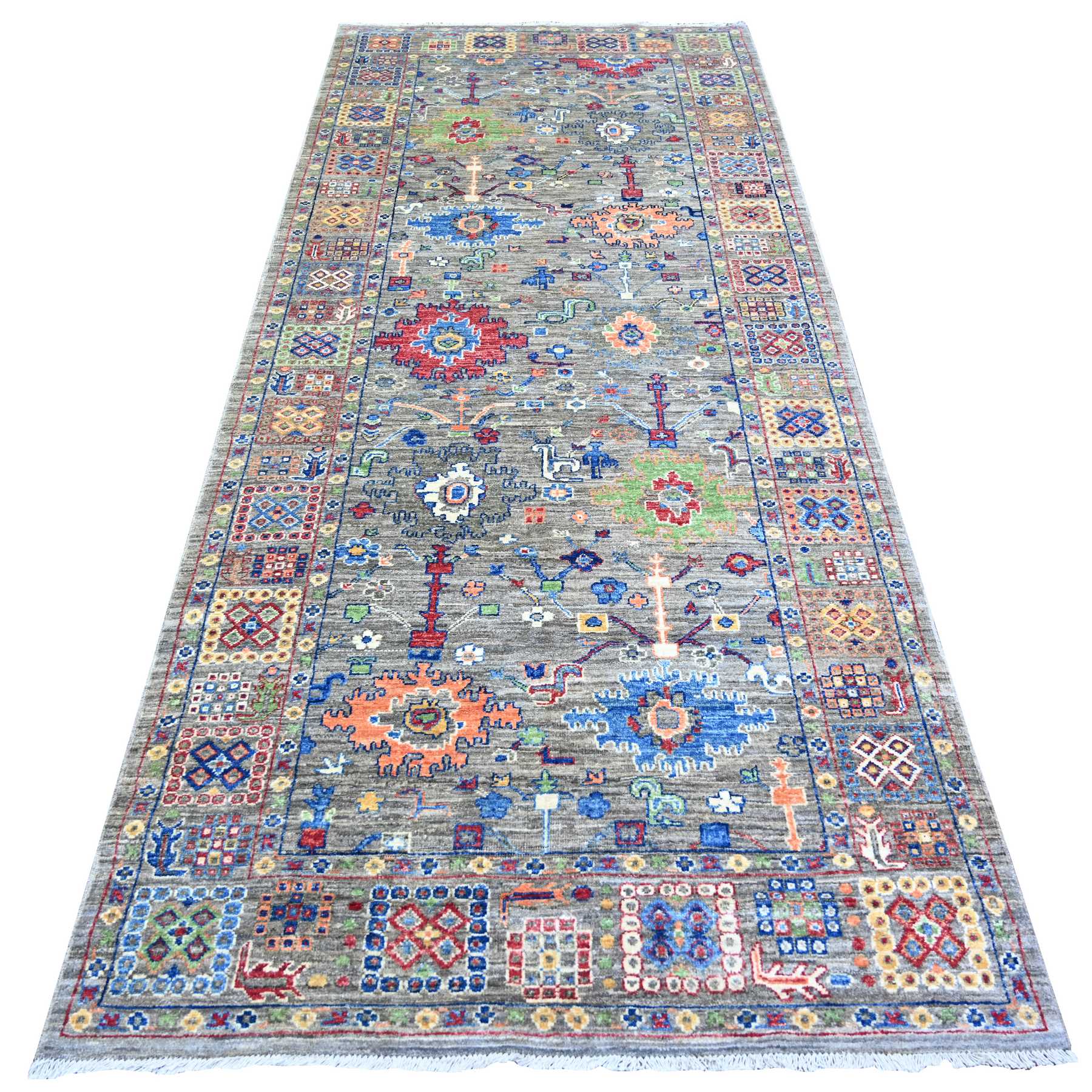 4'1"x9'8" Echo Gray, Densely Woven, Natural Dyes, Peshawar with Colorful Mahal Design with Heavy Large Elements and Wide Border, Hand Knotted, 100% Wool, Wide Runner Oriental Rug HR74560