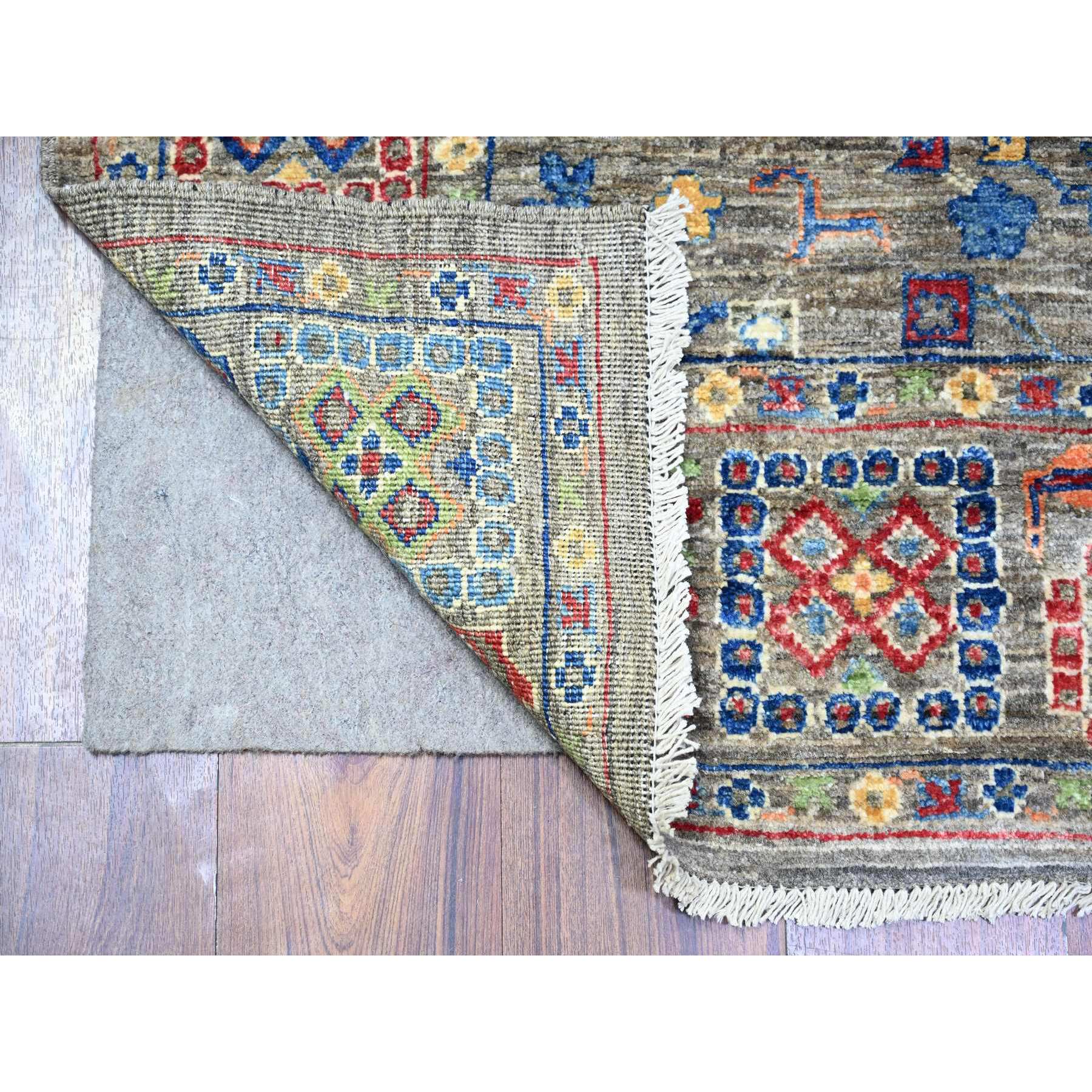4'1"x9'8" Echo Gray, Densely Woven, Natural Dyes, Peshawar with Colorful Mahal Design with Heavy Large Elements and Wide Border, Hand Knotted, 100% Wool, Wide Runner Oriental Rug HR74560 - Image 2