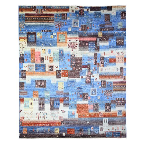 8'x9'7" Mix of Blue, Black and Brown, Afghan Kashkuli Gabbeh with Trees, Small Animals and Human Figurines, Hand Knotted, 100%, Oriental Rug HR74569