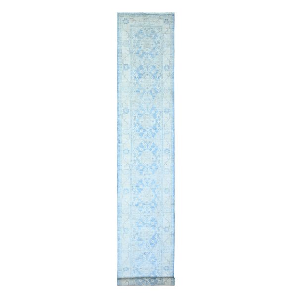 2'6"x16'2" Argentina and Columbia Blue, 100% Wool, White Wash Peshawar with Faded Design Vegetable Dyes, Hand Knotted, XL Runner Oriental Rug HR74584