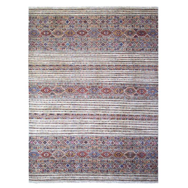 8'10"x11'10" Vista White, Afghan Super Kazak with Khorjin Design with Colorful Tassels, Natural Dyes, Densely Woven Ghazni Wool, Hand Knotted, Oriental Rug HR74619