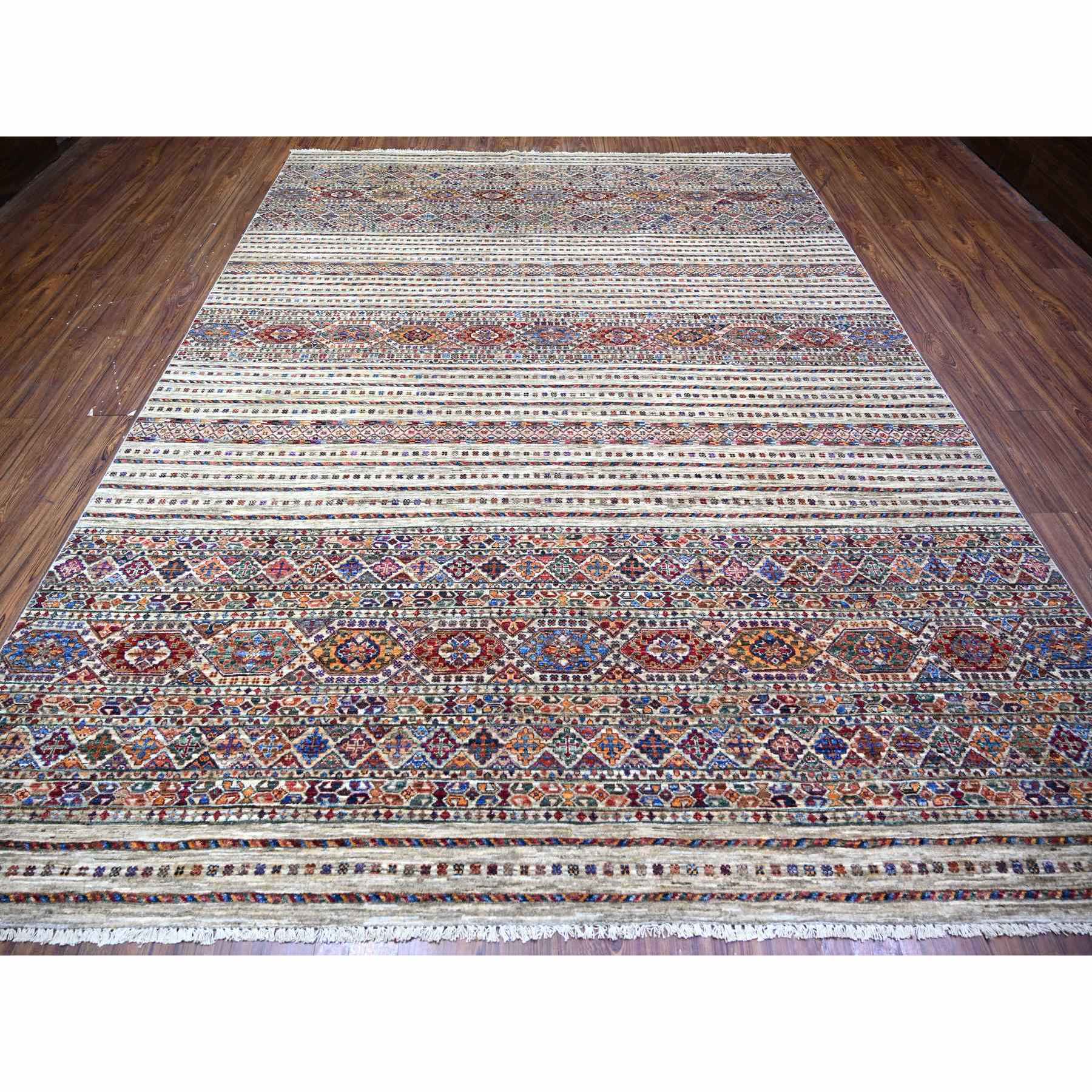 8'10"x11'10" Vista White, Afghan Super Kazak with Khorjin Design with Colorful Tassels, Natural Dyes, Densely Woven Ghazni Wool, Hand Knotted, Oriental Rug HR74619 - Image 3