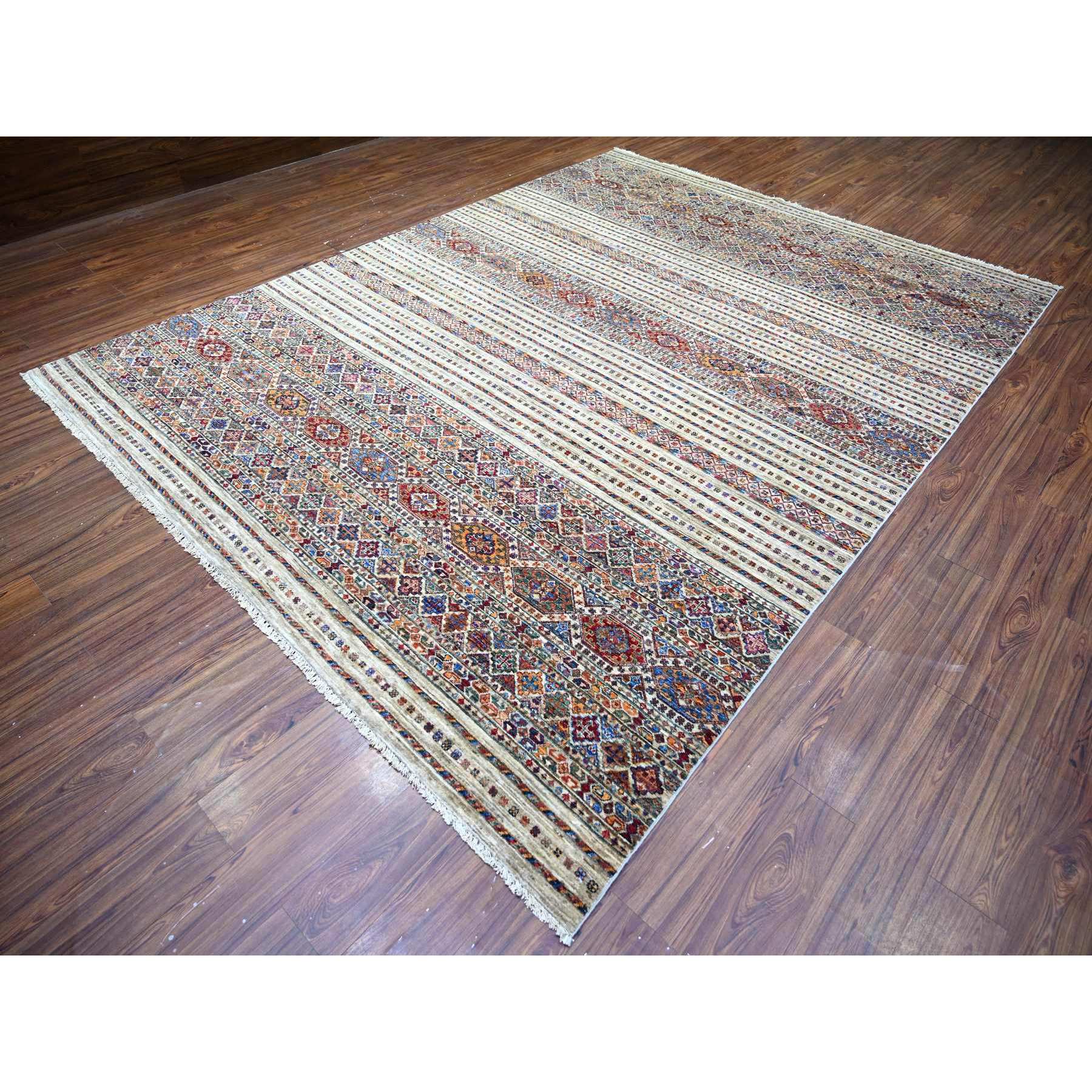 8'10"x11'10" Vista White, Afghan Super Kazak with Khorjin Design with Colorful Tassels, Natural Dyes, Densely Woven Ghazni Wool, Hand Knotted, Oriental Rug HR74619 - Image 4