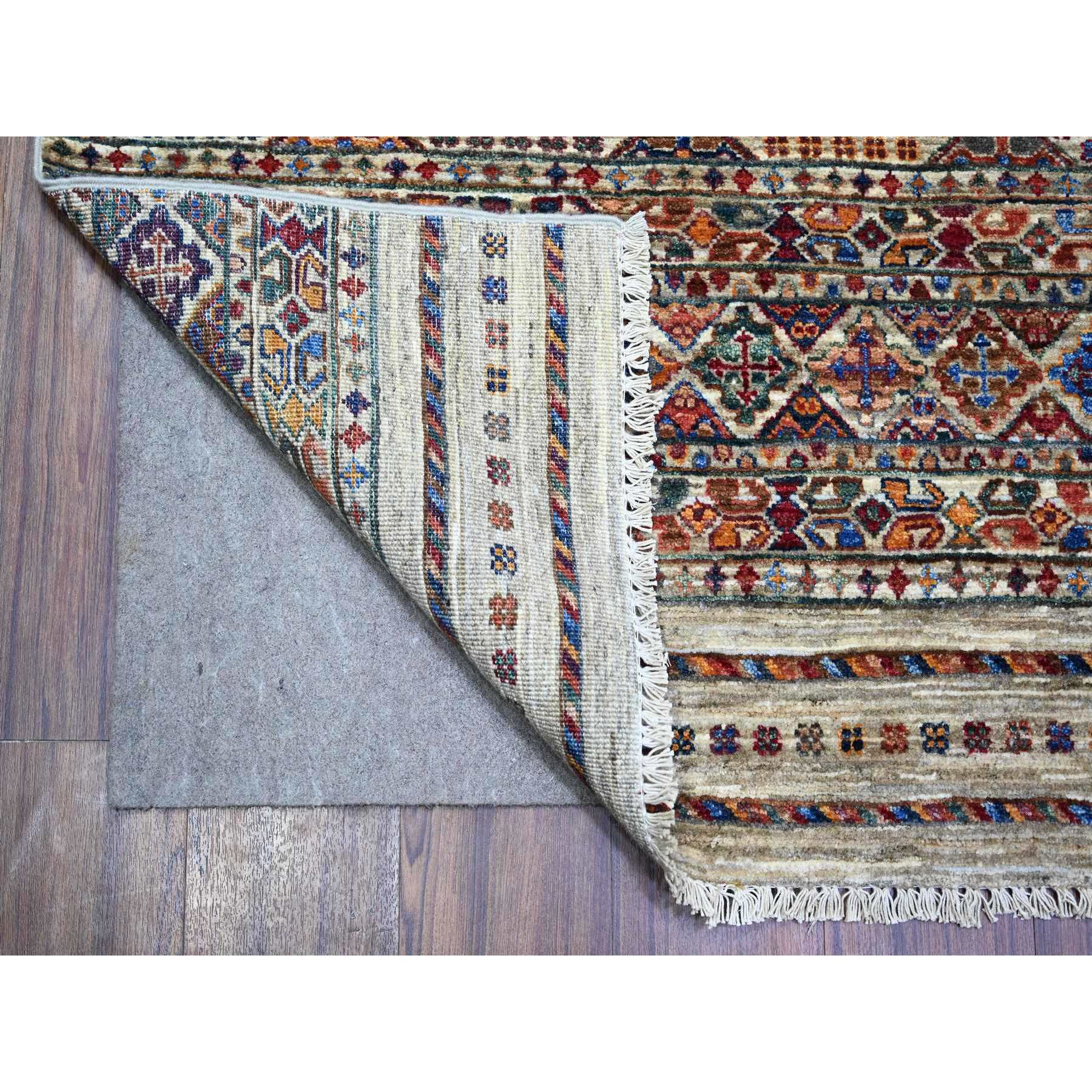 8'10"x11'10" Vista White, Afghan Super Kazak with Khorjin Design with Colorful Tassels, Natural Dyes, Densely Woven Ghazni Wool, Hand Knotted, Oriental Rug HR74619 - Image 5
