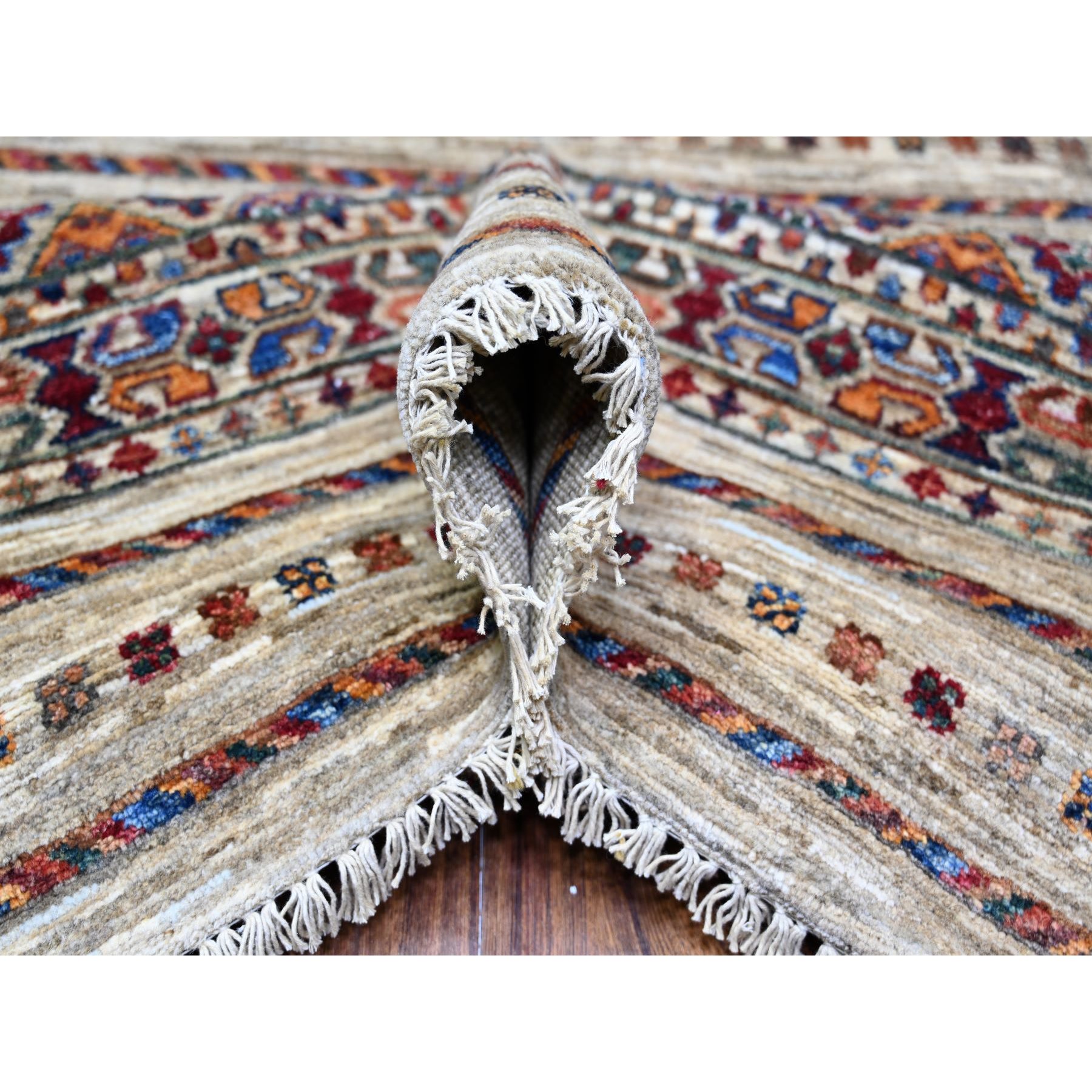 8'10"x11'10" Vista White, Afghan Super Kazak with Khorjin Design with Colorful Tassels, Natural Dyes, Densely Woven Ghazni Wool, Hand Knotted, Oriental Rug HR74619 - Image 6