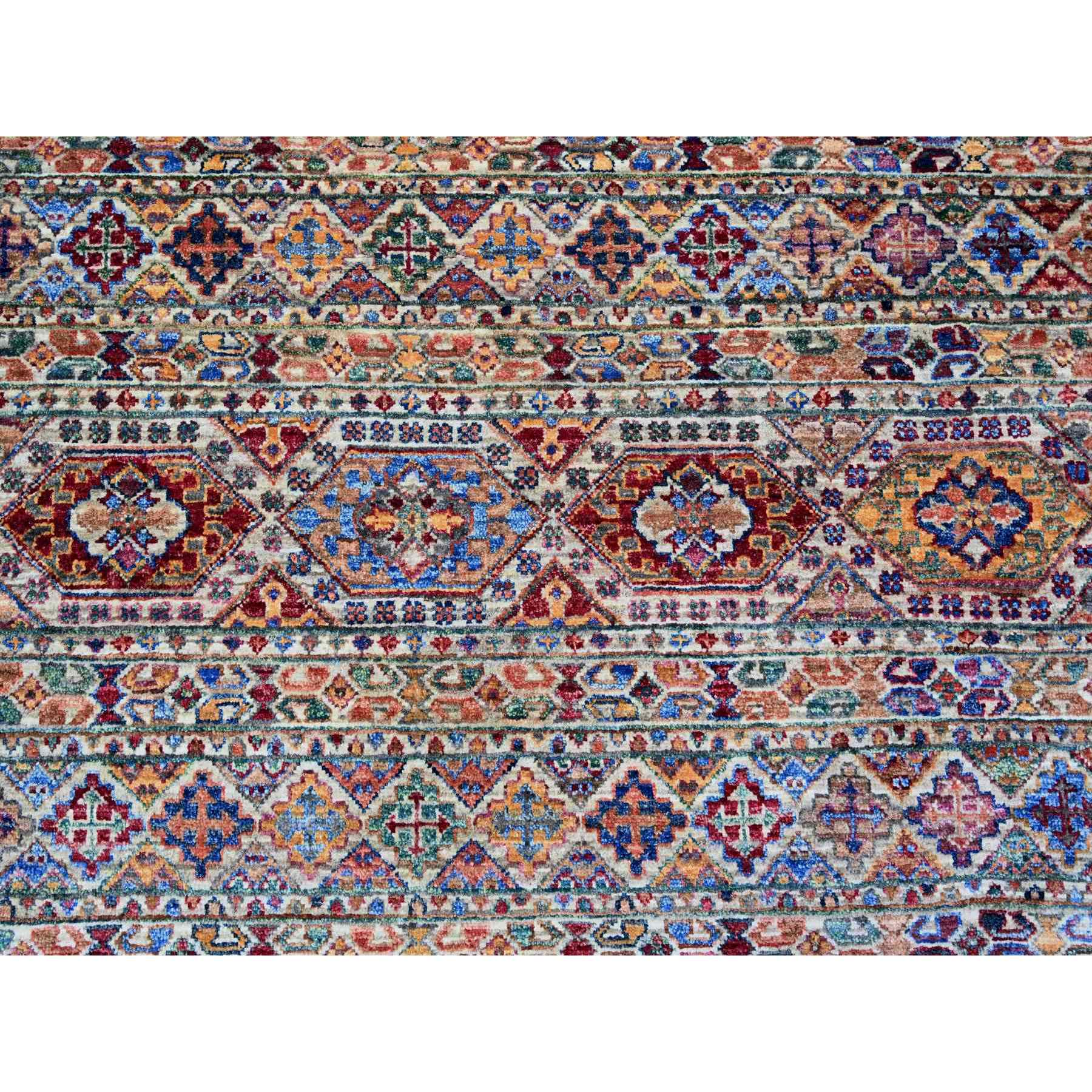 8'10"x11'10" Vista White, Afghan Super Kazak with Khorjin Design with Colorful Tassels, Natural Dyes, Densely Woven Ghazni Wool, Hand Knotted, Oriental Rug HR74619 - Image 9