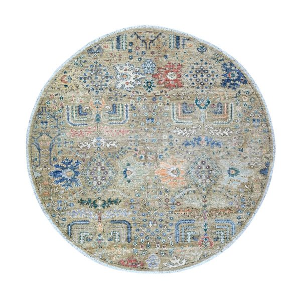 6'x6' Cement Gray, Willow Tree Design, Hand Knotted, High Grade Wool, Vegetable Dyes, Round Oriental Rug HR74653