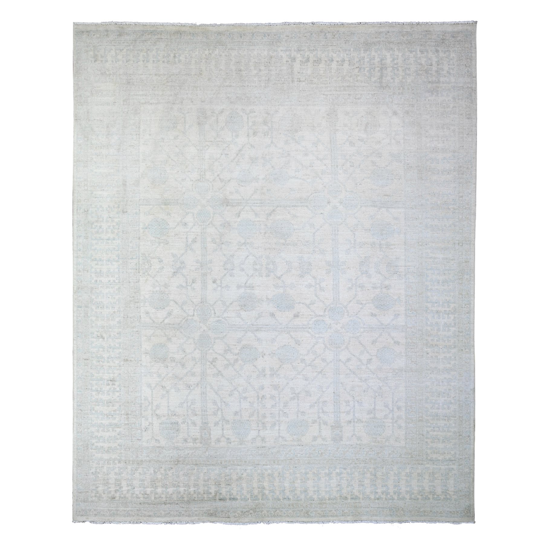 7'10"x9'5" Anti-Flash White, Hand Knotted, White Wash Khotan Inspired Pomegranate Design, Shiny Wool, Oriental Rug HR74667