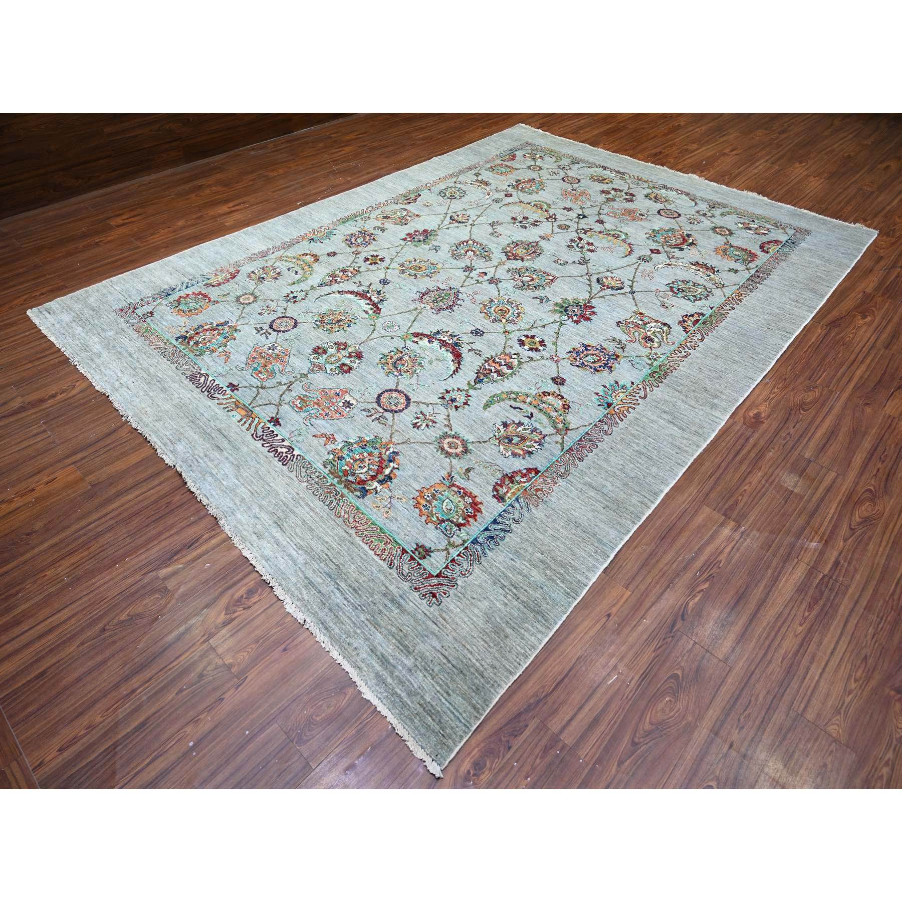 8'9"x12'1" Misty Gray, Sultani Motif with Tabriz Shah Abbass Flower Design Featuring a Plain Border, 100% Wool, Hand Knotted, Oriental Rug HR74704 - Image 4
