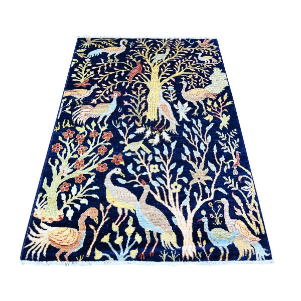 4'x5'7" Penn Blue, Extra Soft Wool, Hand Knotted, Vegetable Dyes, Bird of Paradise Afghan Peshawar Design, Abrash, Oriental Rug HR74750