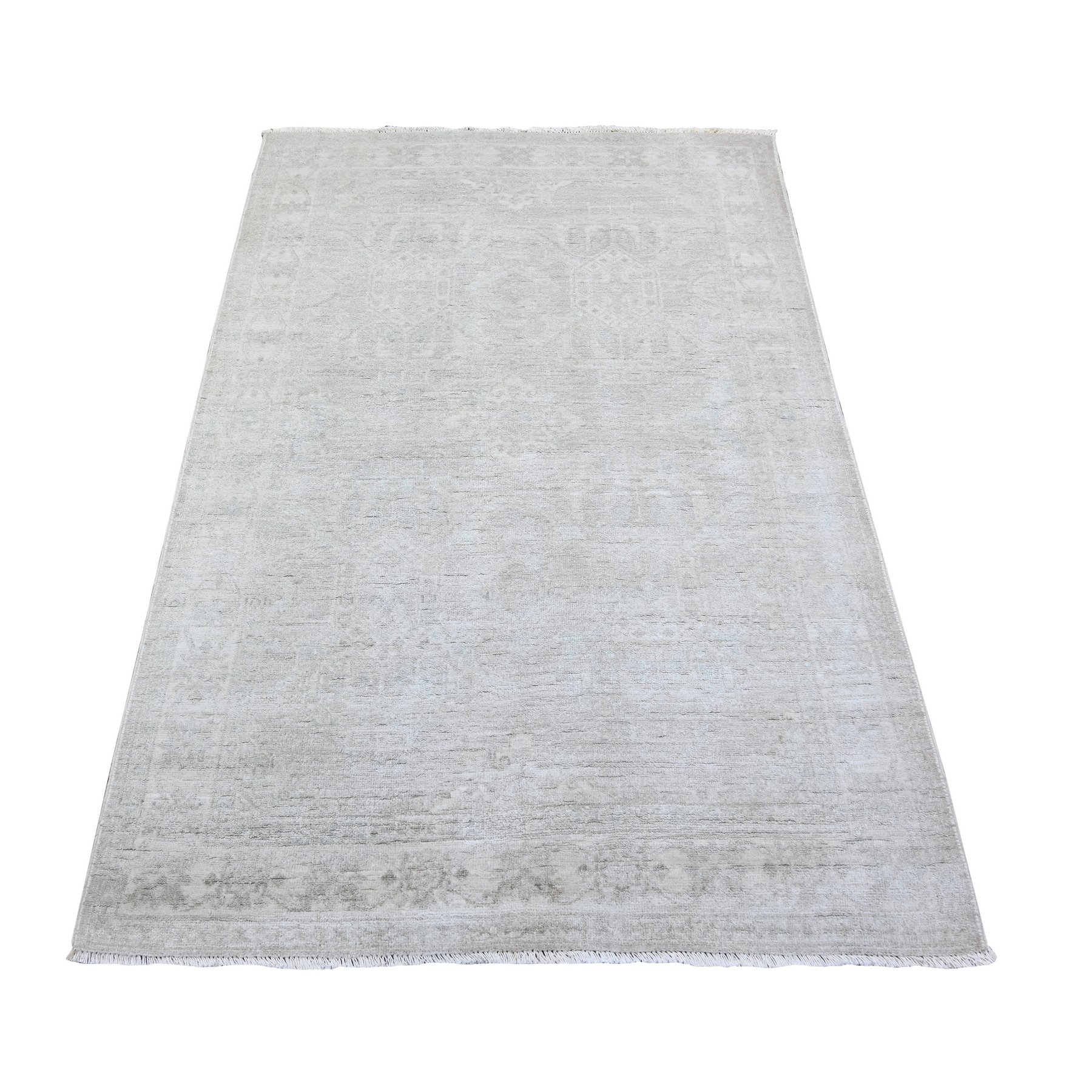 4'x5'9" Gainsboro Gray with Night White, White Wash Peshawar with Faded Colors, Velvet and Soft Wool, Hand Knotted, Oriental Rug HR74783