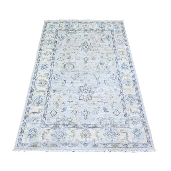 4'x5'9" Chrome Gray with Stone White, White Wash Peshawar with Motifs, Soft Wool, Natural Dyes, Hand Knotted, Oriental Rug HR74784