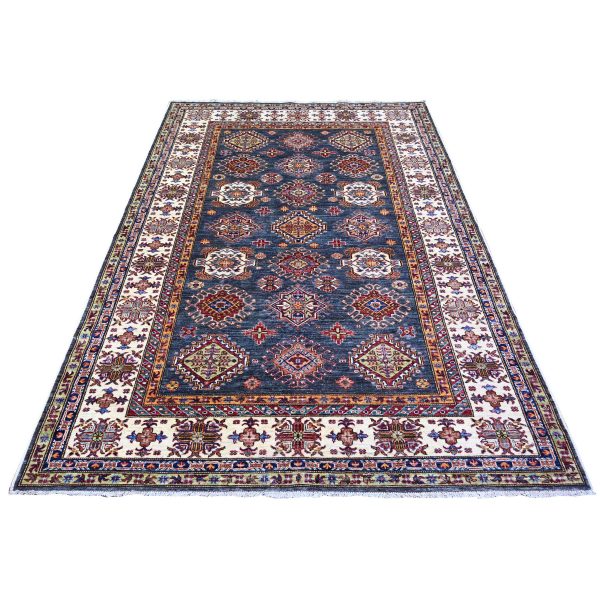 5'9"x7'10" Slate Gray with Pomelo White Afghan Super Kazak with Geometric Medallions Design, Natural Dyes, Dense Weave, 100% Wool, Hand Knotted, Oriental Rug HR74800