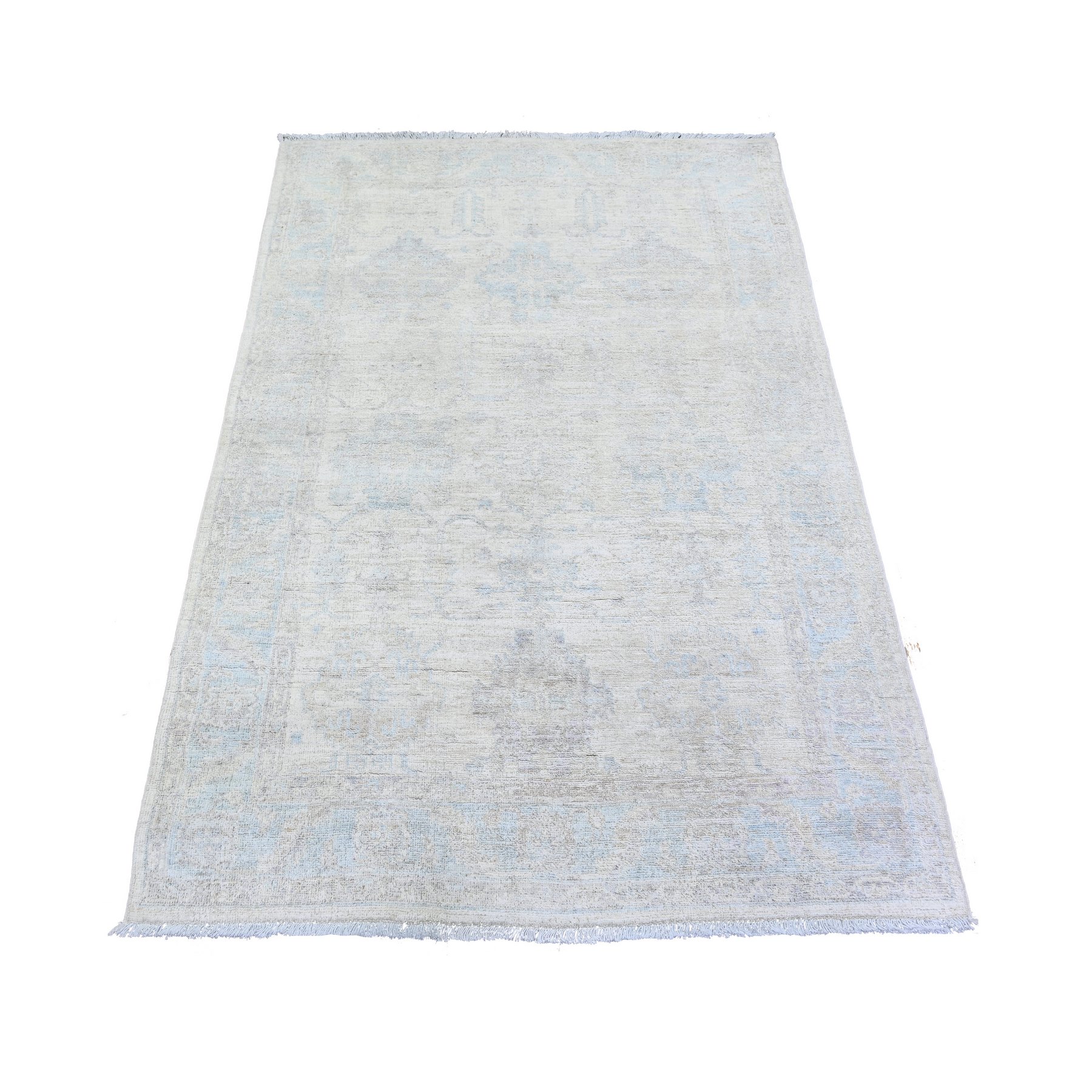 3'10"x5'8" Lace Ivory, Natural Dyes, Stone Washed Peshawar Faded Out, Soft Organic Wool, Hand Knotted, Oriental Rug HR74879
