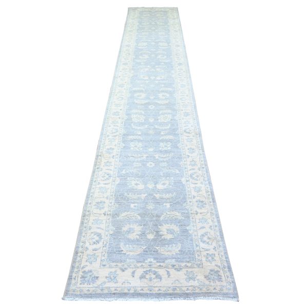 2'6"x14'8" Glaucous Gray and Spring Ivory, Natural Dyes, Natural Wool, Hand Knotted, Finer Peshawar with All Over Pattern, XL Runner Oriental Rug HR74956
